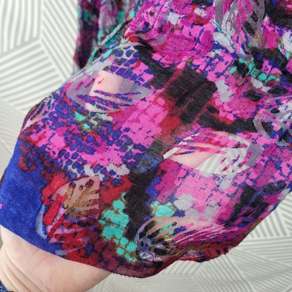 Ruby Rd Size 6 Mesh Jacket Tropical Zip Up Leaf Print Blue Pink Lightweight - Picture 6 of 8